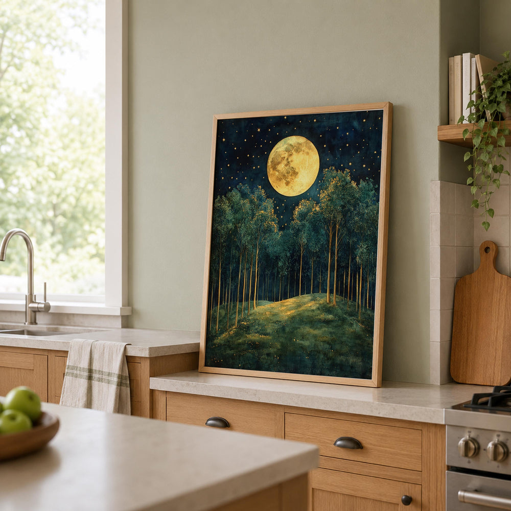 Full Moon Forest Wall Art, Starry Woodland Canvas Print, Night Landscape Poster, Gold Green Tree Artwork, Moody Nature Decor for Living Room