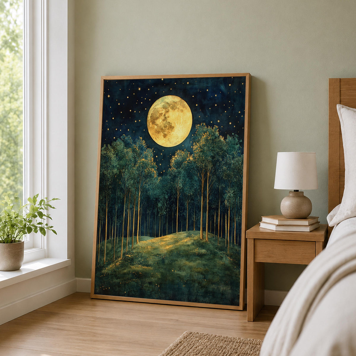 Full Moon Forest Wall Art, Starry Woodland Canvas Print, Night Landscape Poster, Gold Green Tree Artwork, Moody Nature Decor for Living Room