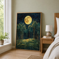 Full Moon Forest Wall Art, Starry Woodland Canvas Print, Night Landscape Poster, Gold Green Tree Artwork, Moody Nature Decor for Living Room