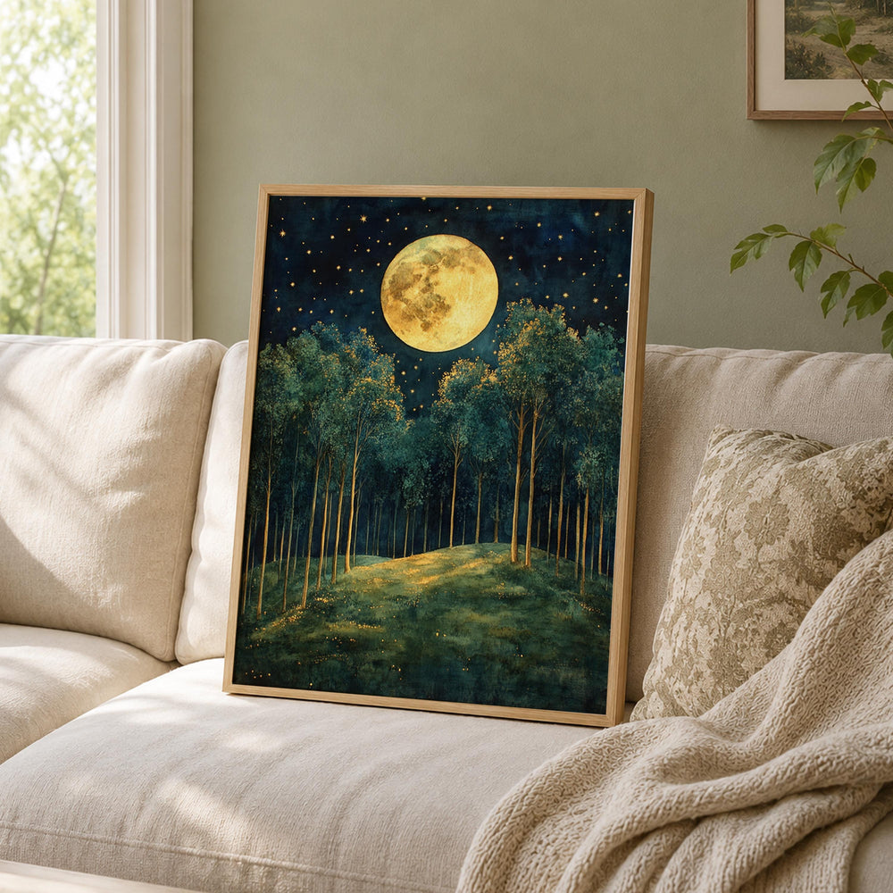 Full Moon Forest Wall Art, Starry Woodland Canvas Print, Night Landscape Poster, Gold Green Tree Artwork, Moody Nature Decor for Living Room