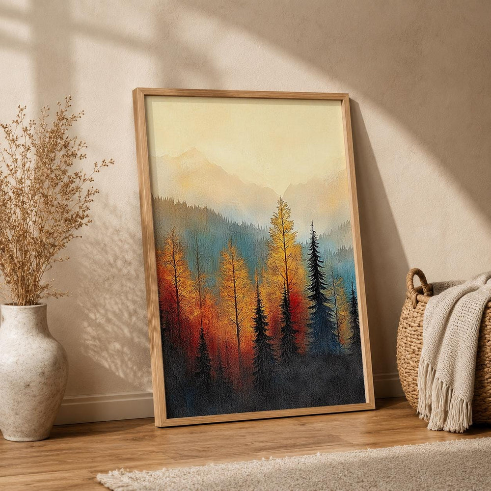 Rustic Forest Landscape Wall Art Print, Mountain Cabin Decor, Autumn Woodland Artwork, Cozy Lodge Wall Hanging, Nature Inspired Home Accent