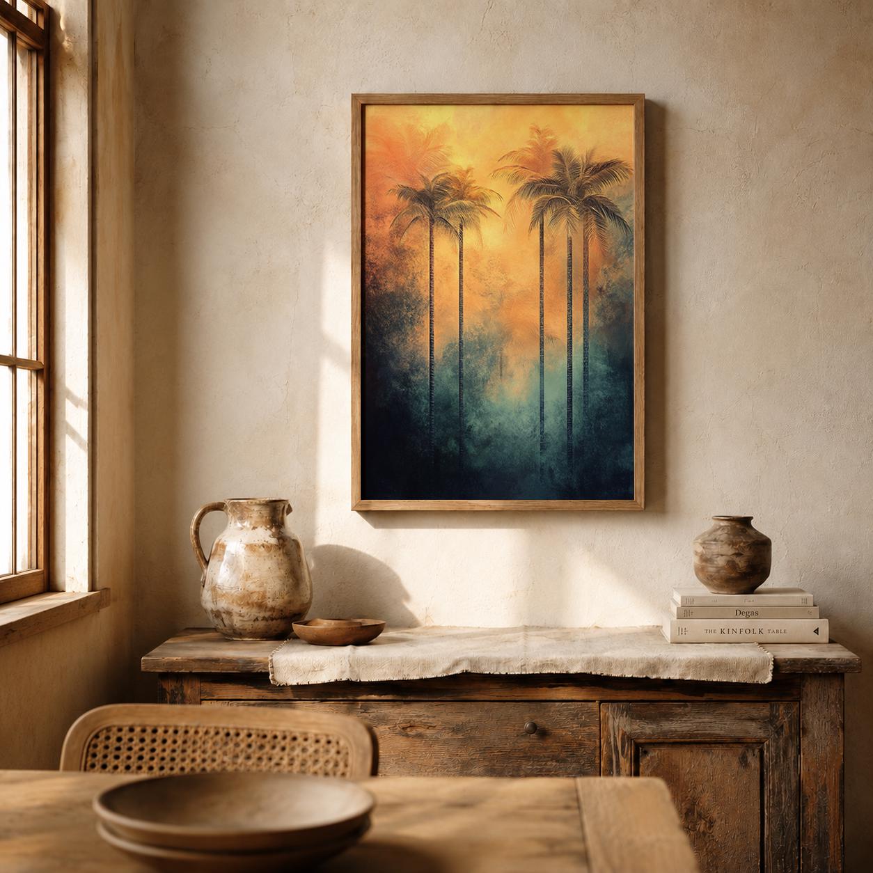 Sunset Palm Tree Wall Art Print, Tropical Coastal Decor, Beach House Living Room Artwork, Resort Style Home Accent, Vacation Villa Wall