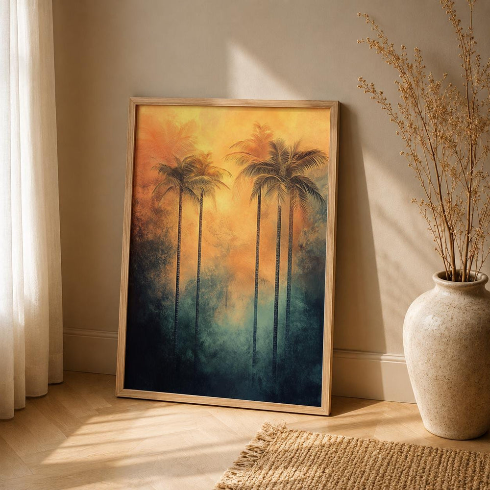 Sunset Palm Tree Wall Art Print, Tropical Coastal Decor, Beach House Living Room Artwork, Resort Style Home Accent, Vacation Villa Wall