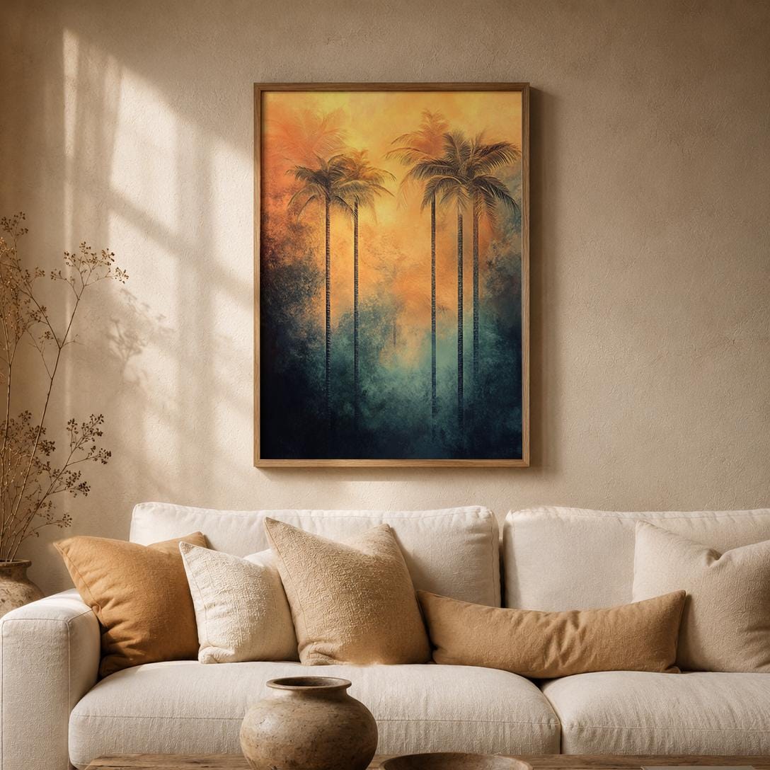 Sunset Palm Tree Wall Art Print, Tropical Coastal Decor, Beach House Living Room Artwork, Resort Style Home Accent, Vacation Villa Wall