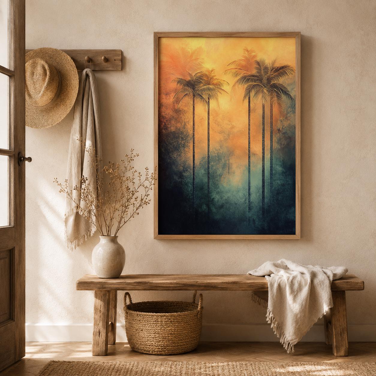 Sunset Palm Tree Wall Art Print, Tropical Coastal Decor, Beach House Living Room Artwork, Resort Style Home Accent, Vacation Villa Wall