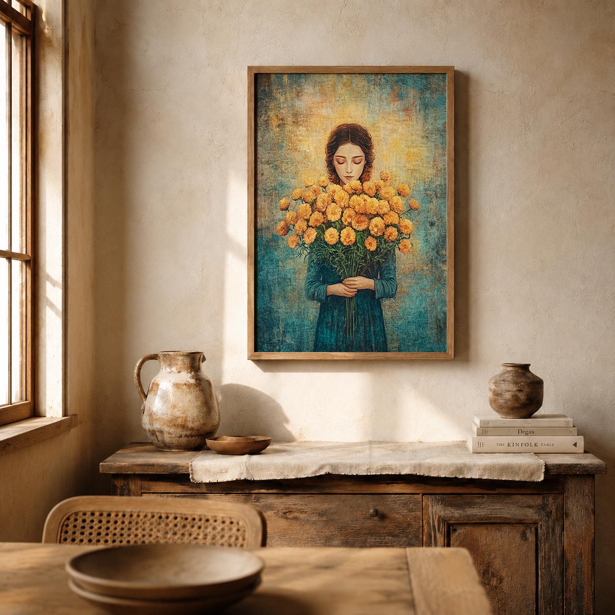Vintage Floral Portrait Wall Art Print, Cottagecore Woman Artwork, Romantic Bedroom Decor, Feminine Living Room Accent