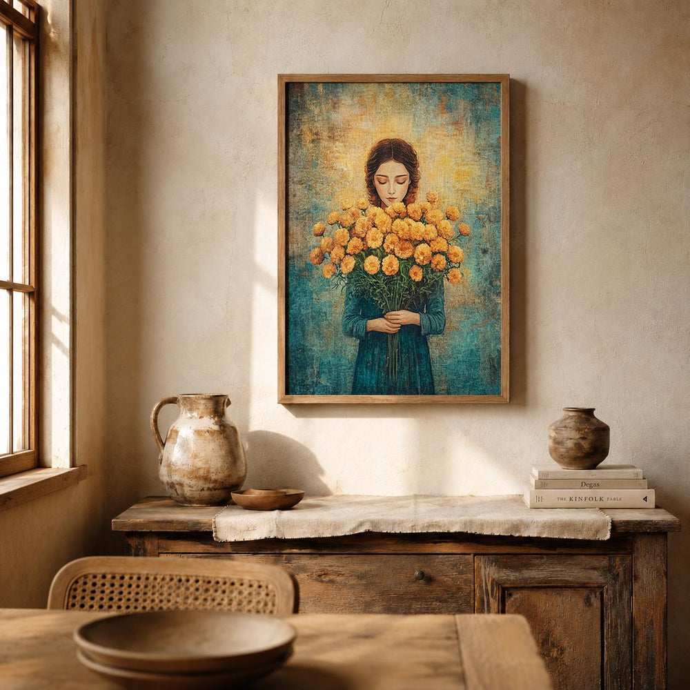 Vintage Floral Portrait Wall Art Print, Cottagecore Woman Artwork, Romantic Bedroom Decor, Feminine Living Room Accent