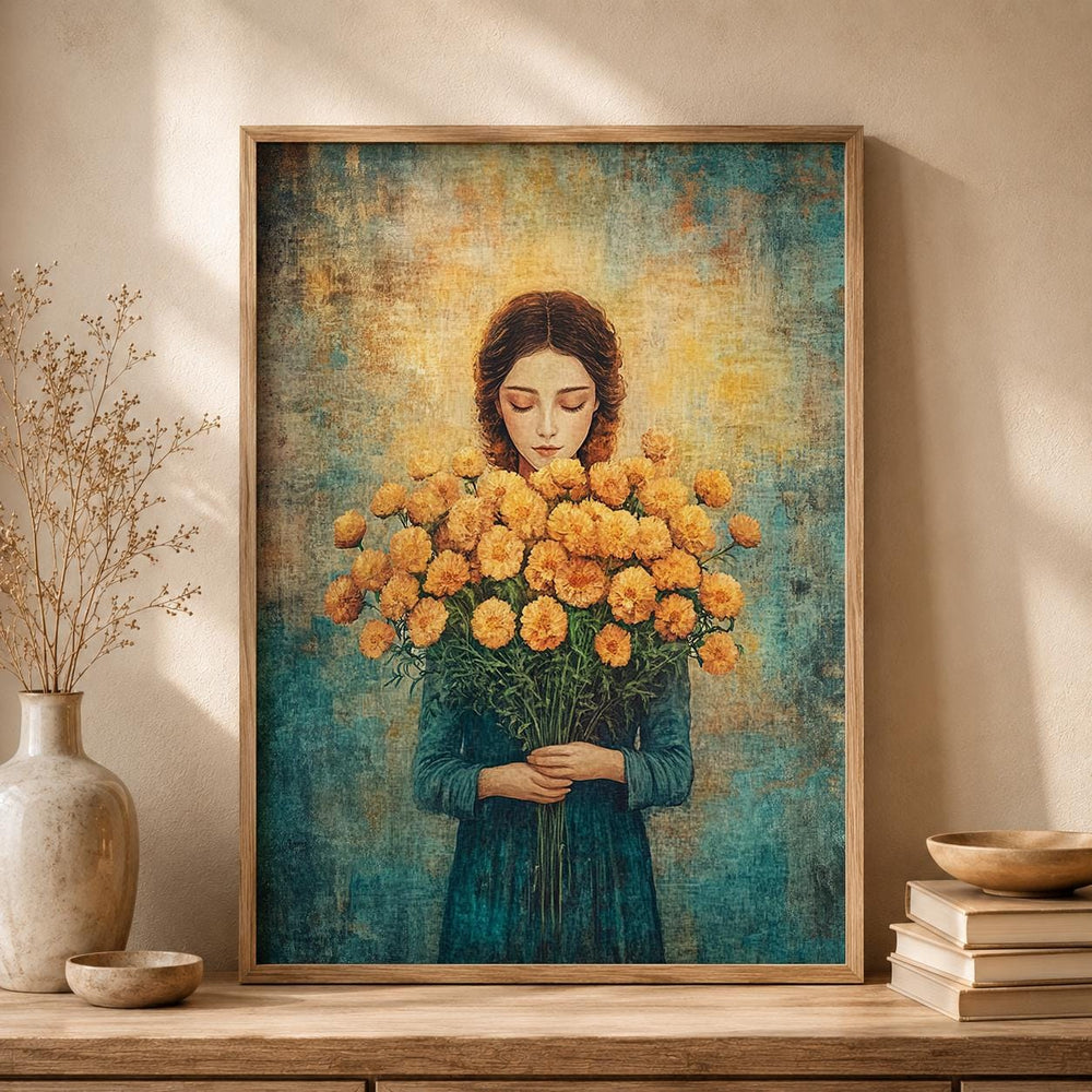 Vintage Floral Portrait Wall Art Print, Cottagecore Woman Artwork, Romantic Bedroom Decor, Feminine Living Room Accent