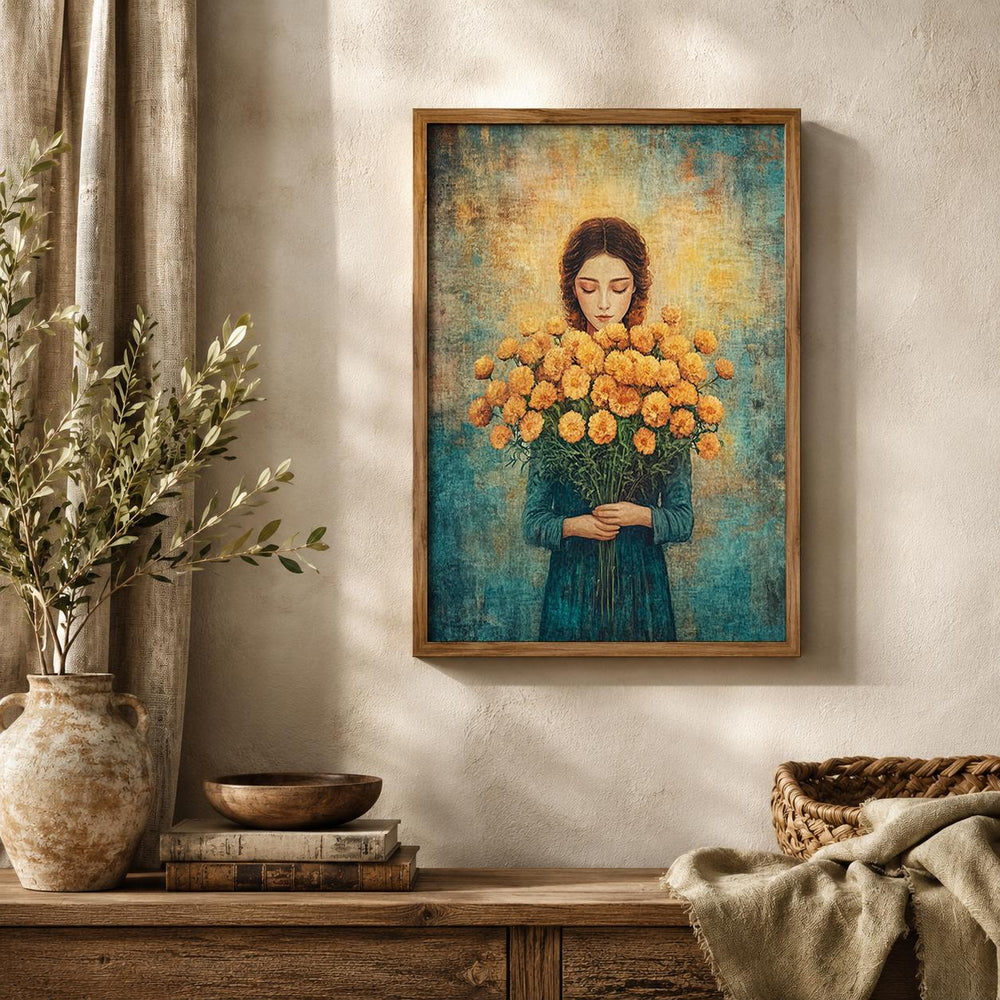 Vintage Floral Portrait Wall Art Print, Cottagecore Woman Artwork, Romantic Bedroom Decor, Feminine Living Room Accent