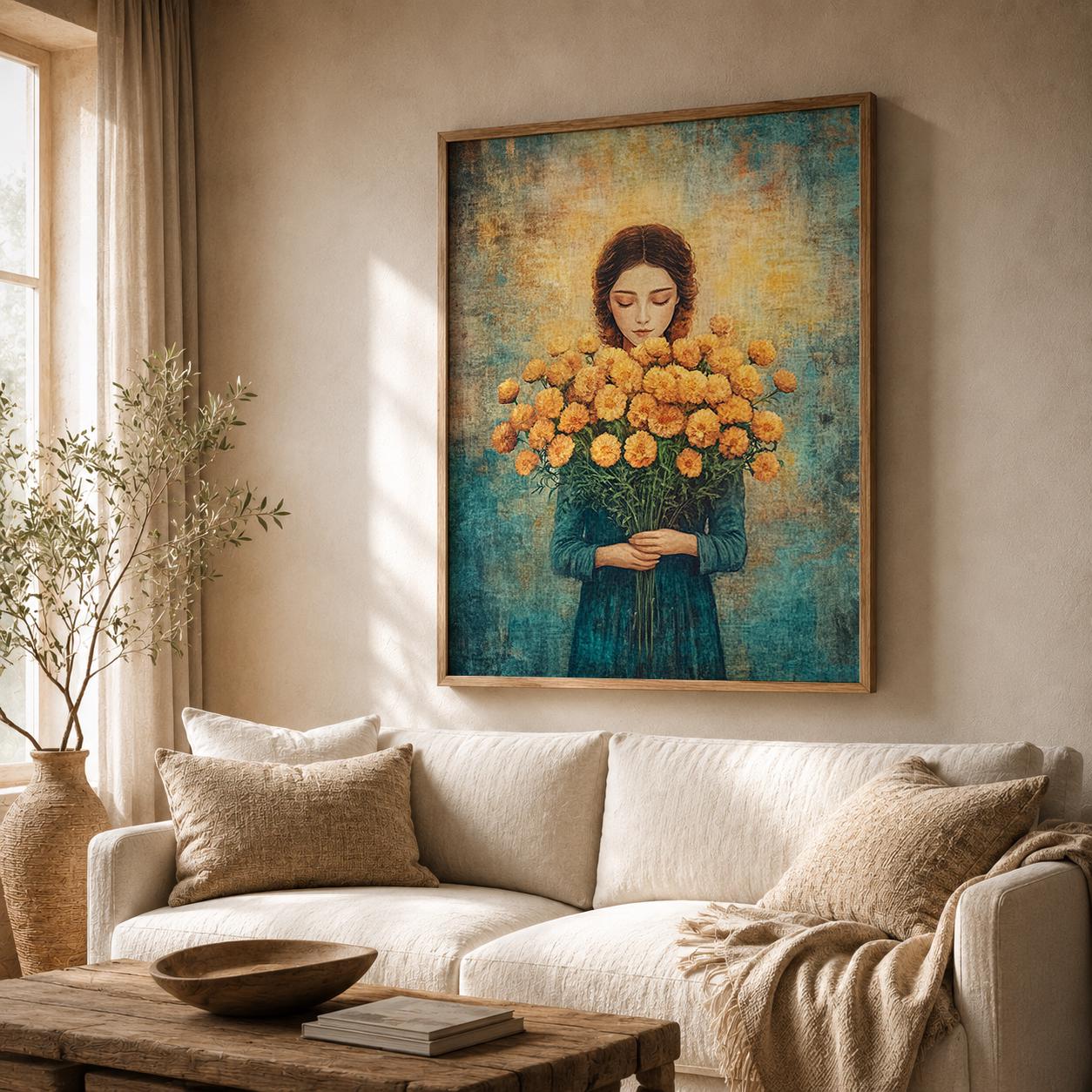 Vintage Floral Portrait Wall Art Print, Cottagecore Woman Artwork, Romantic Bedroom Decor, Feminine Living Room Accent