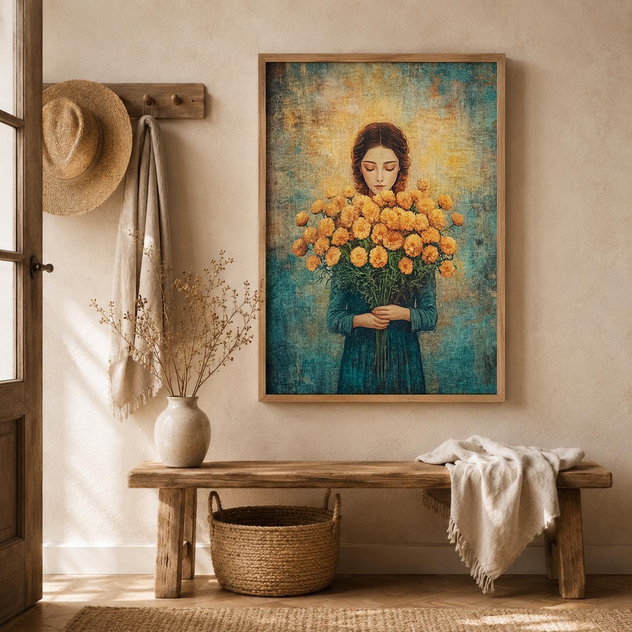 Vintage Floral Portrait Wall Art Print, Cottagecore Woman Artwork, Romantic Bedroom Decor, Feminine Living Room Accent