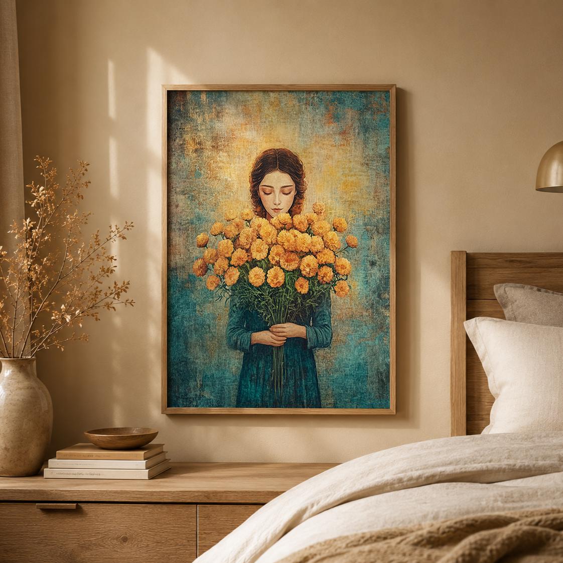 Vintage Floral Portrait Wall Art Print, Cottagecore Woman Artwork, Romantic Bedroom Decor, Feminine Living Room Accent