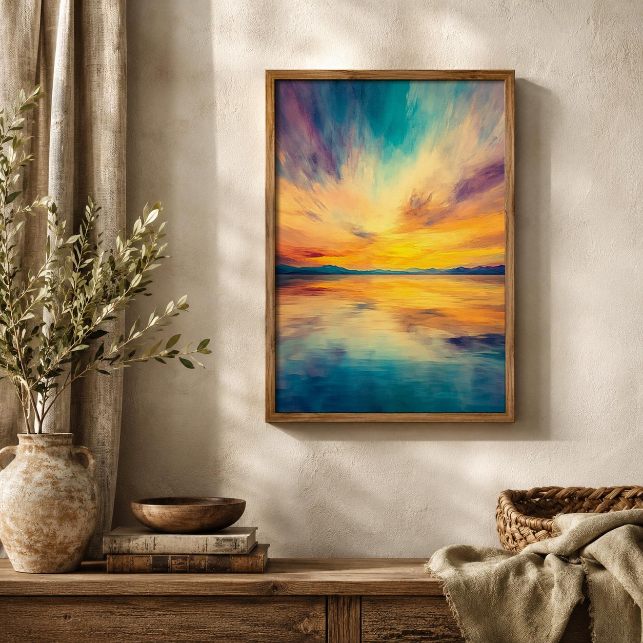 Vibrant Sunset Seascape Print, Coastal Horizon Wall Art, Colorful Ocean Artwork, Modern Beach Decor, Serene Waterscape Accent