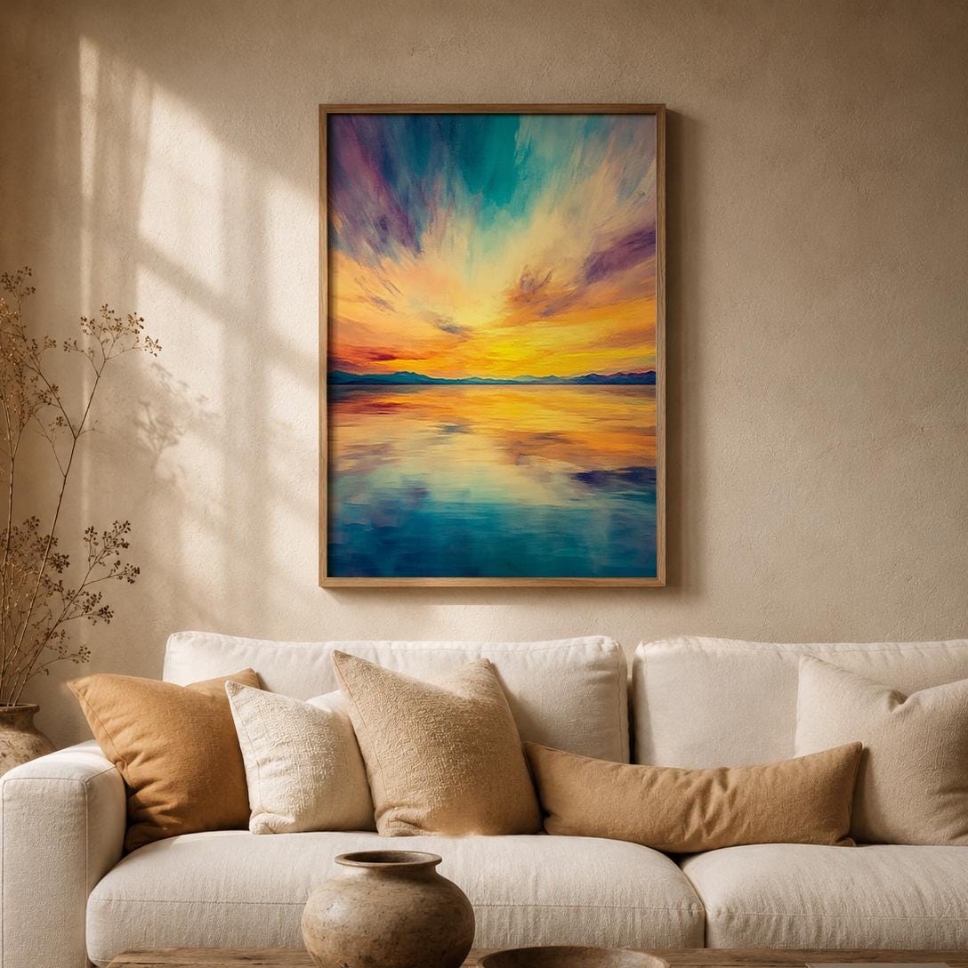 Vibrant Sunset Seascape Print, Coastal Horizon Wall Art, Colorful Ocean Artwork, Modern Beach Decor, Serene Waterscape Accent