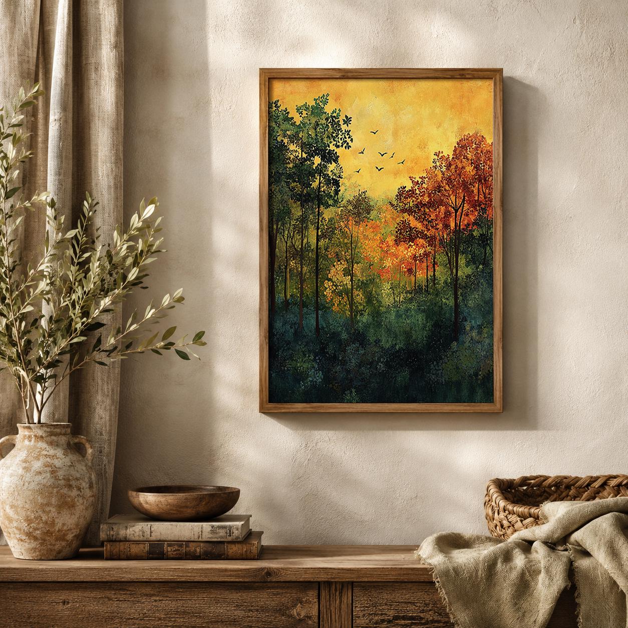 Autumn Forest Wall Art Print, Woodland Landscape Decor, Rustic Cabin Artwork, Nature Inspired Home Accent, Fall Season Gift Idea