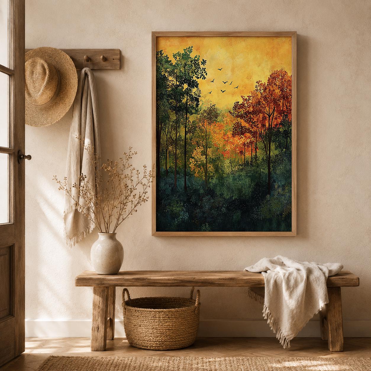 Autumn Forest Wall Art Print, Woodland Landscape Decor, Rustic Cabin Artwork, Nature Inspired Home Accent, Fall Season Gift Idea
