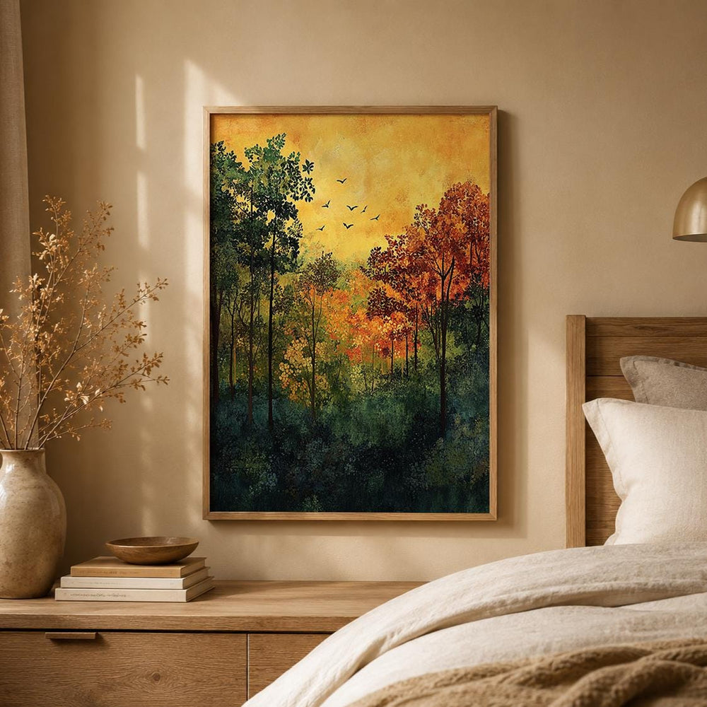 Autumn Forest Wall Art Print, Woodland Landscape Decor, Rustic Cabin Artwork, Nature Inspired Home Accent, Fall Season Gift Idea