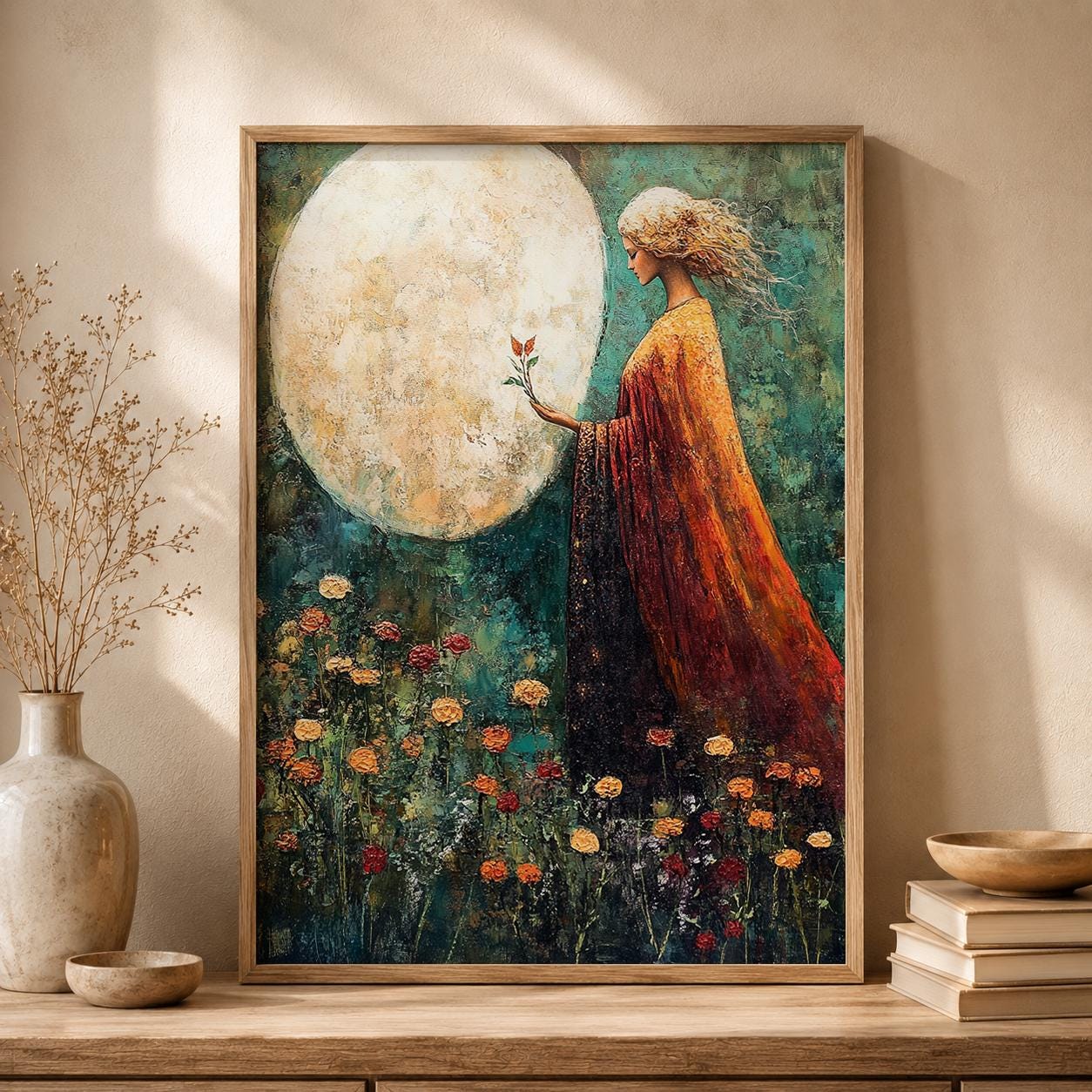 Moonlit Woman Wall Art Print, Celestial Bedroom Decor, Mystical Feminine Artwork, Boho Spiritual Home Accent, Dreamy Gift for Her
