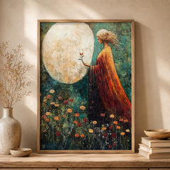 Moonlit Woman Wall Art Print, Celestial Bedroom Decor, Mystical Feminine Artwork, Boho Spiritual Home Accent, Dreamy Gift for Her