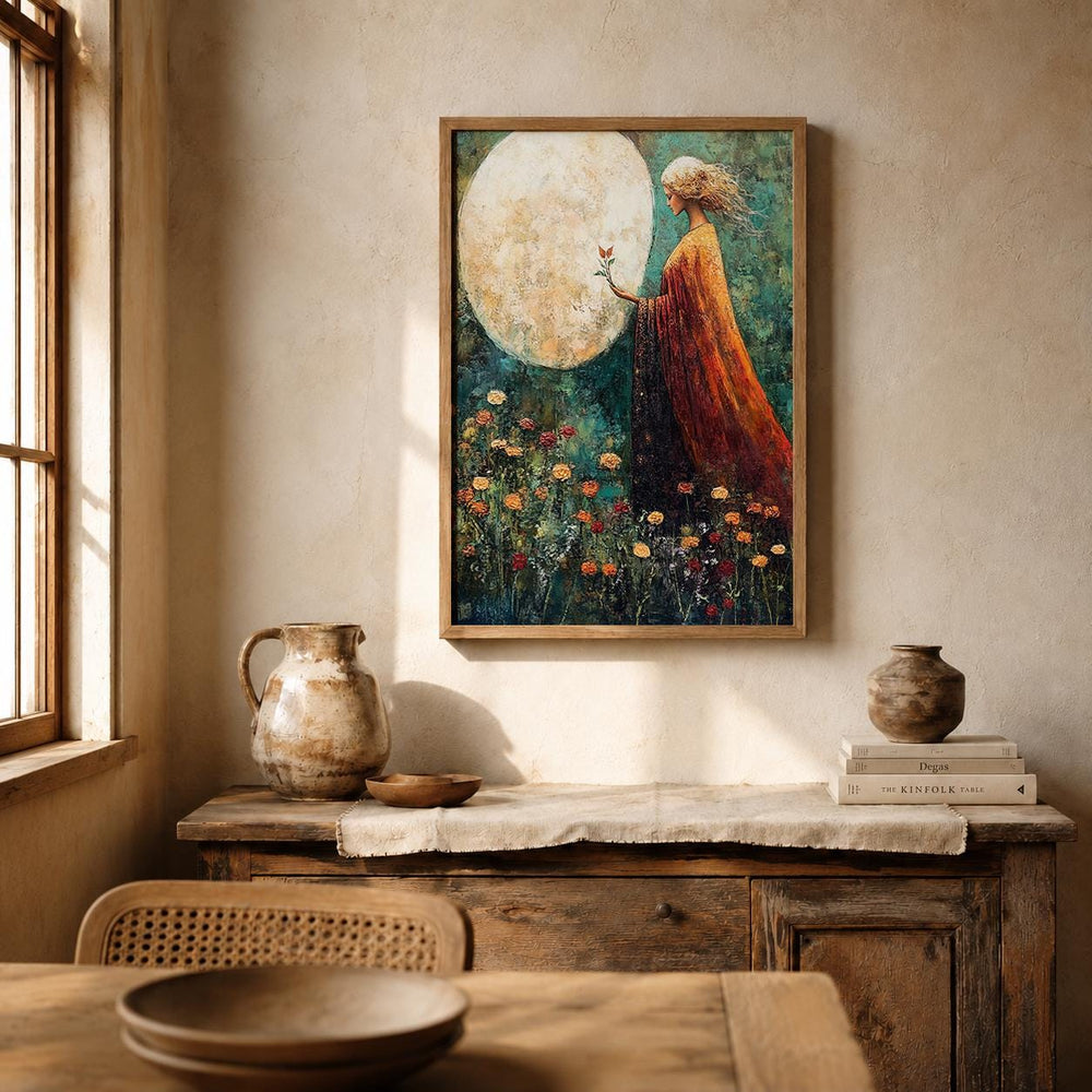 Moonlit Woman Wall Art Print, Celestial Bedroom Decor, Mystical Feminine Artwork, Boho Spiritual Home Accent, Dreamy Gift for Her