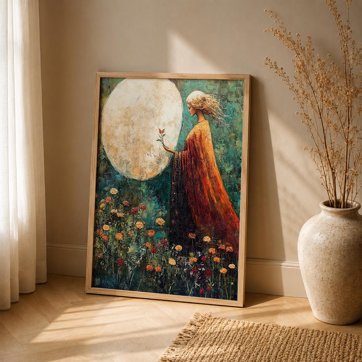 Moonlit Woman Wall Art Print, Celestial Bedroom Decor, Mystical Feminine Artwork, Boho Spiritual Home Accent, Dreamy Gift for Her