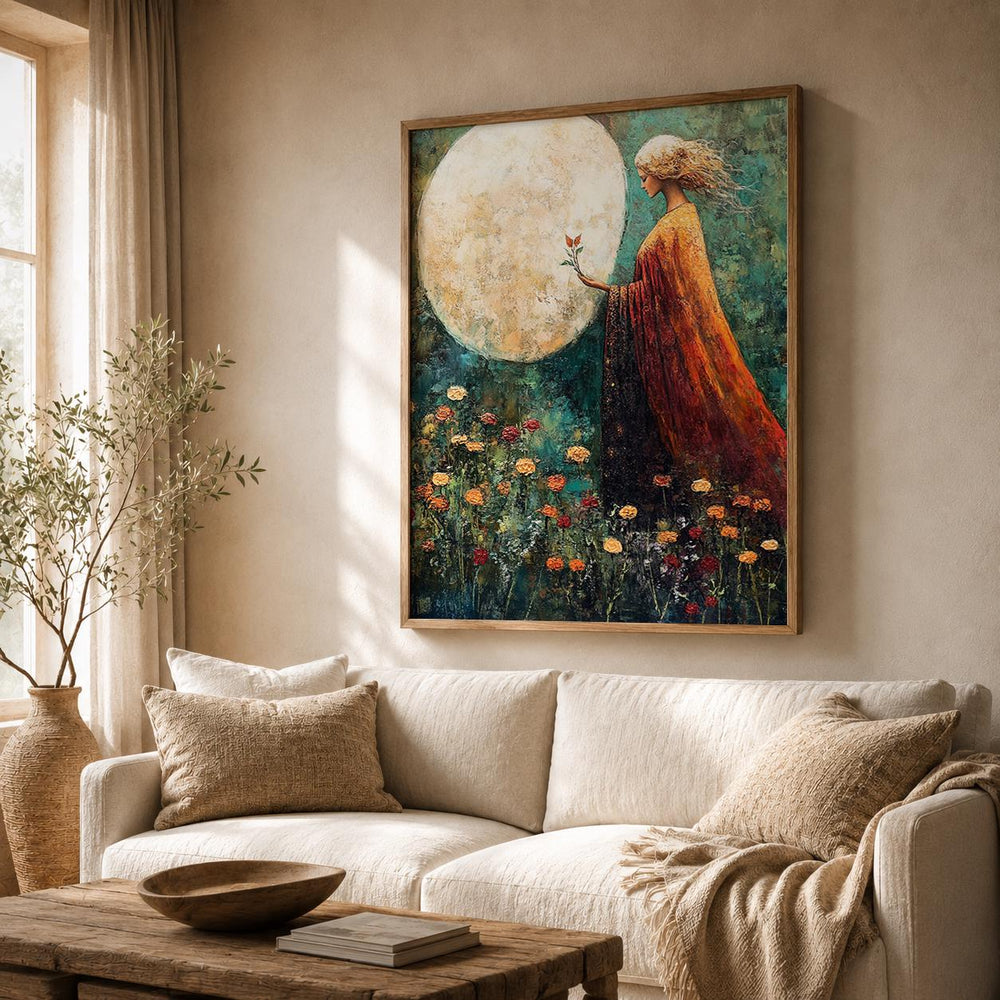Moonlit Woman Wall Art Print, Celestial Bedroom Decor, Mystical Feminine Artwork, Boho Spiritual Home Accent, Dreamy Gift for Her