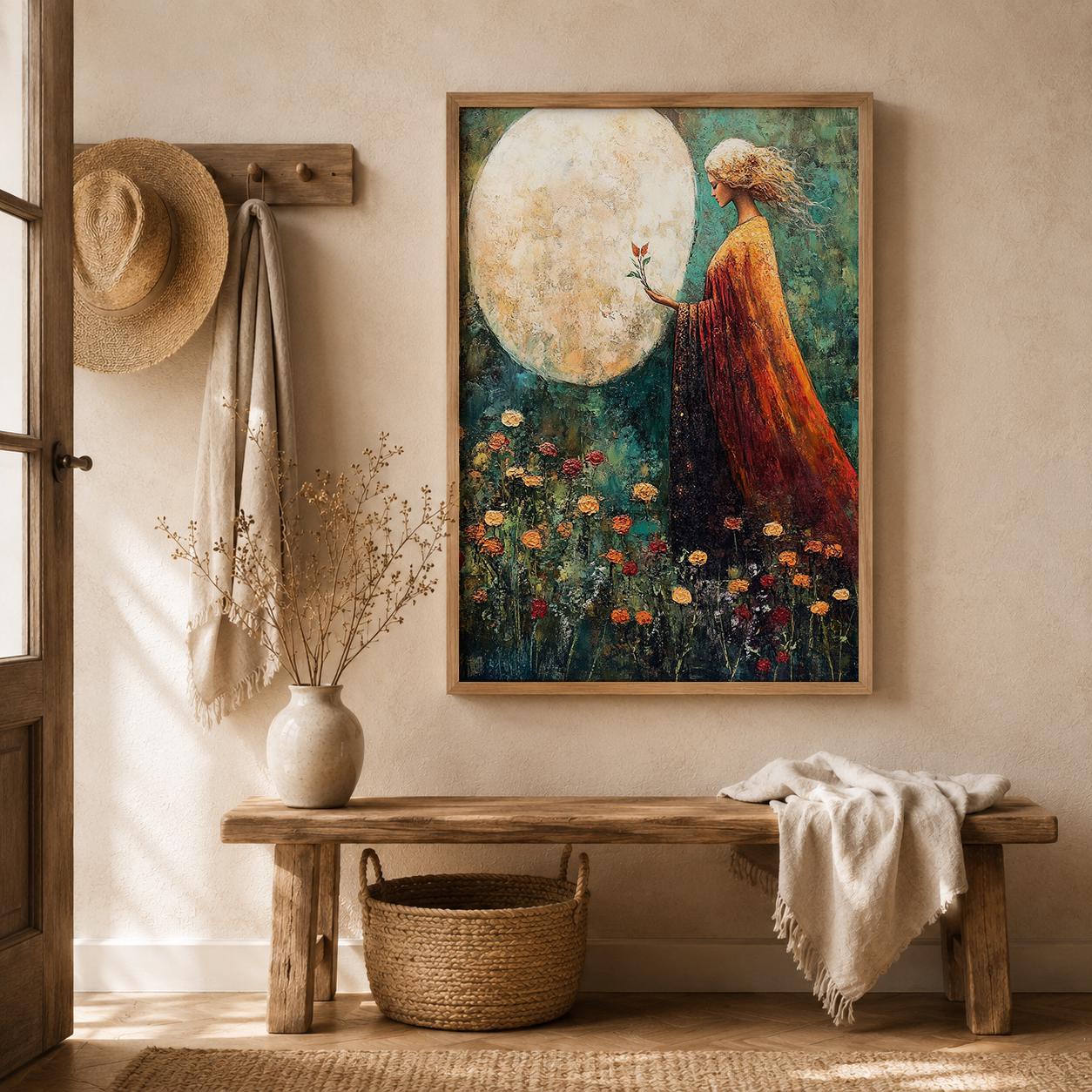 Moonlit Woman Wall Art Print, Celestial Bedroom Decor, Mystical Feminine Artwork, Boho Spiritual Home Accent, Dreamy Gift for Her