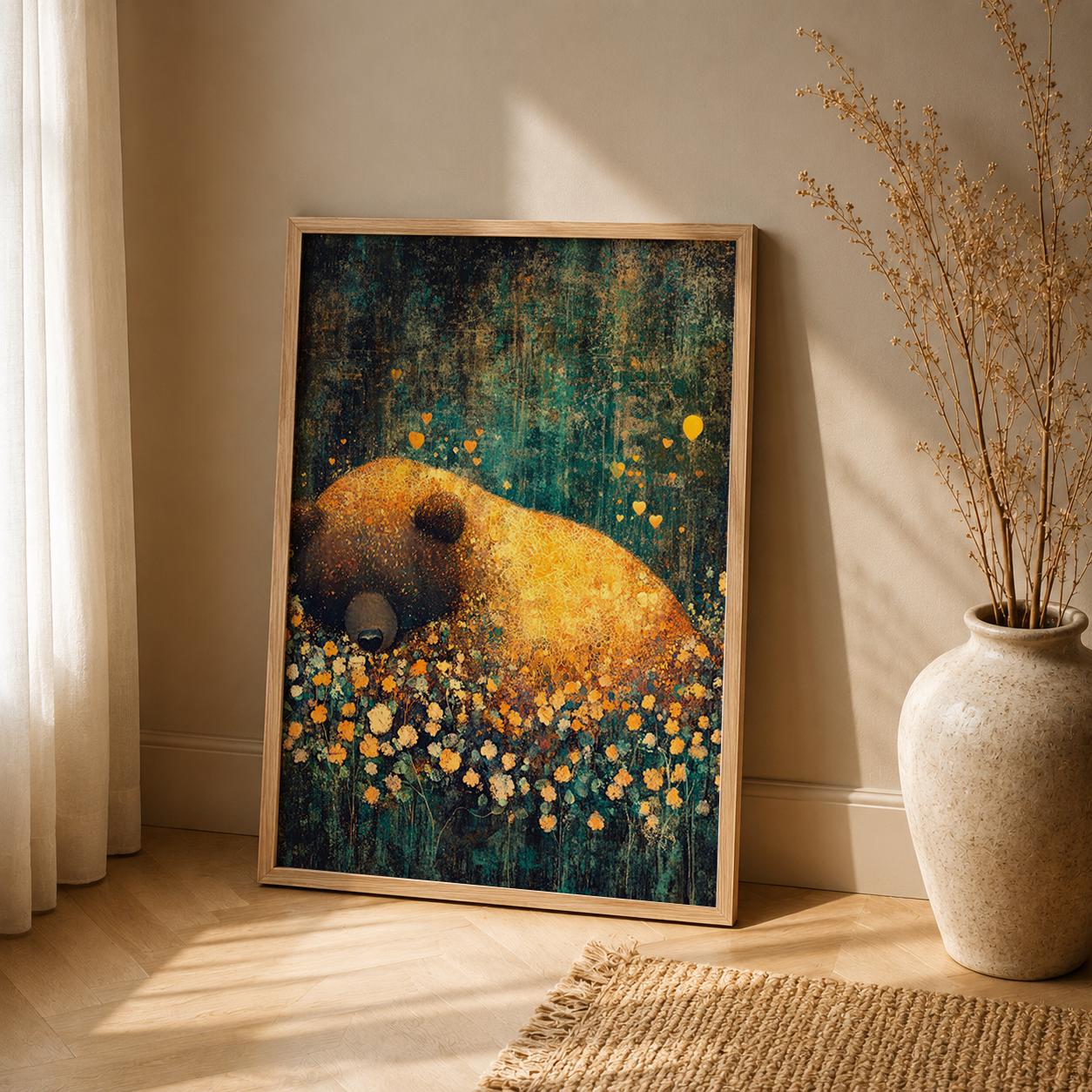 Sleeping Bear Woodland Nursery Art Print, Cozy Forest Animal Artwork, Woodland Baby Room Decor, Rustic Wildlife Wall Hanging
