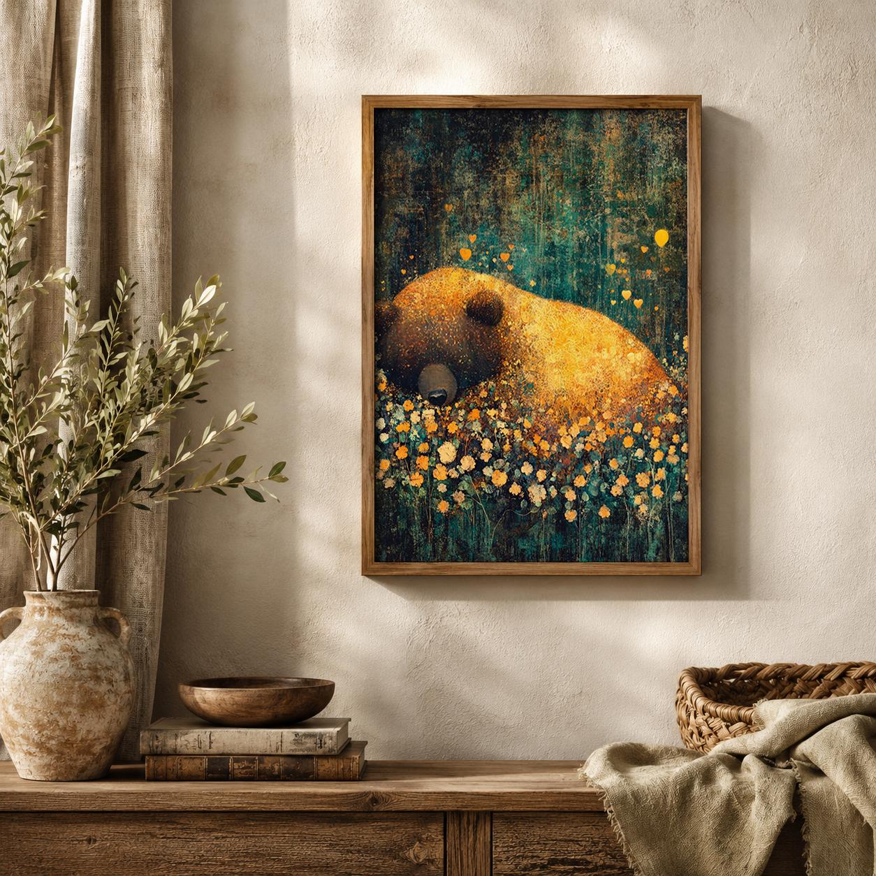 Sleeping Bear Woodland Nursery Art Print, Cozy Forest Animal Artwork, Woodland Baby Room Decor, Rustic Wildlife Wall Hanging