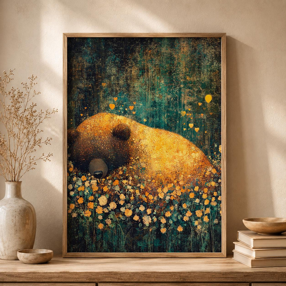 Sleeping Bear Woodland Nursery Art Print, Cozy Forest Animal Artwork, Woodland Baby Room Decor, Rustic Wildlife Wall Hanging