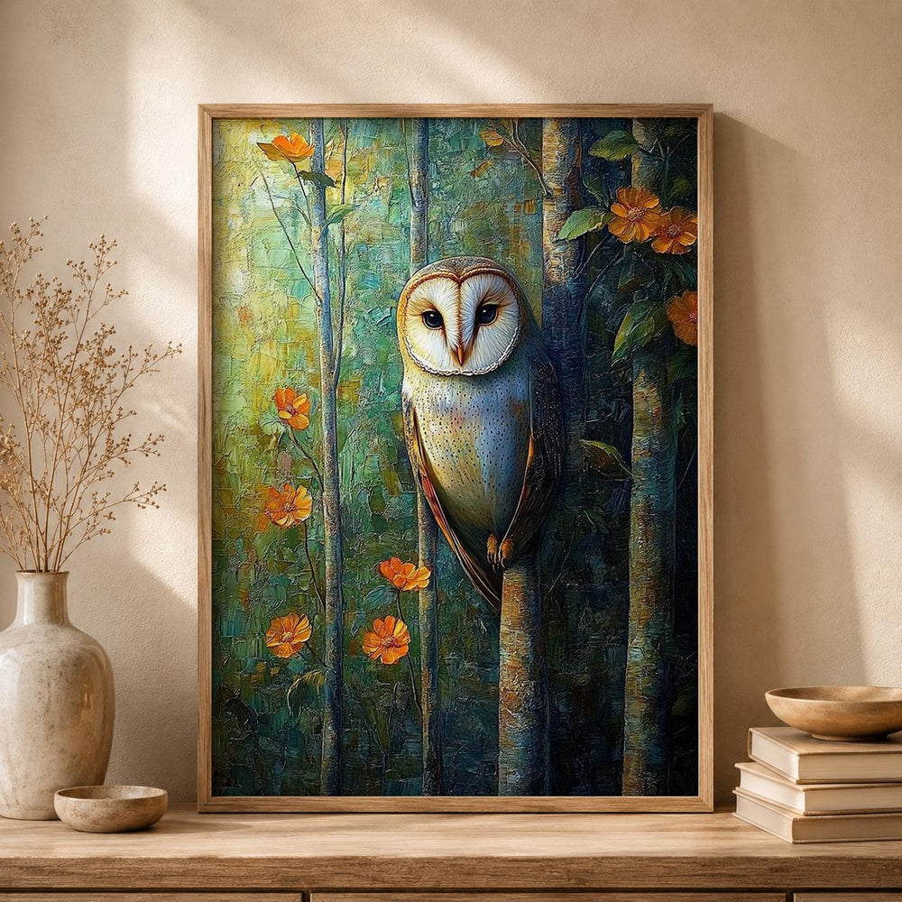 Woodland Owl Wall Art Print, Rustic Cabin Decor, Forest Animal Artwork, Cozy Cottage Wall Hanging, Nature Inspired Gift