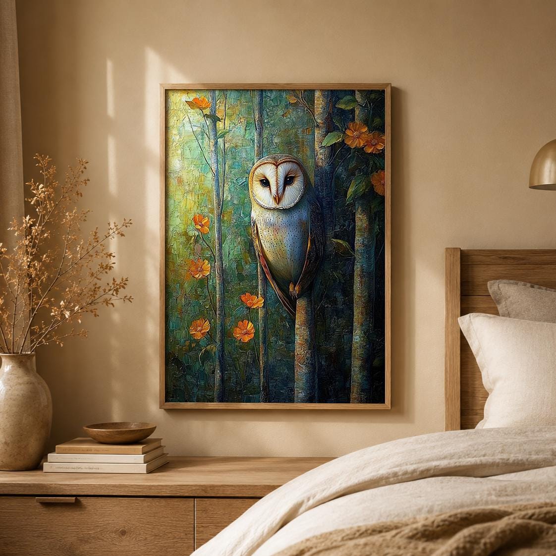 Woodland Owl Wall Art Print, Rustic Cabin Decor, Forest Animal Artwork, Cozy Cottage Wall Hanging, Nature Inspired Gift