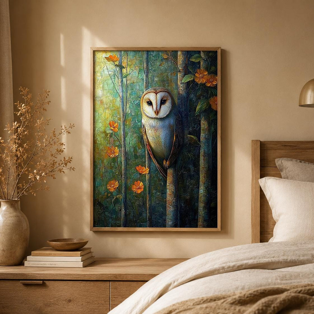 Woodland Owl Wall Art Print, Rustic Cabin Decor, Forest Animal Artwork, Cozy Cottage Wall Hanging, Nature Inspired Gift