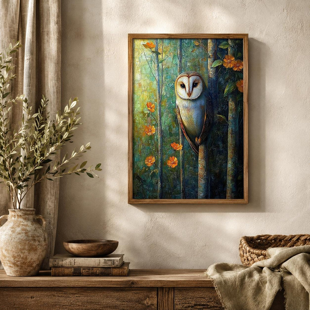 Woodland Owl Wall Art Print, Rustic Cabin Decor, Forest Animal Artwork, Cozy Cottage Wall Hanging, Nature Inspired Gift
