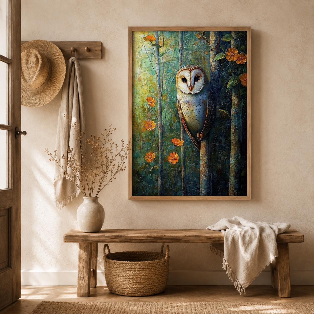 Woodland Owl Wall Art Print, Rustic Cabin Decor, Forest Animal Artwork, Cozy Cottage Wall Hanging, Nature Inspired Gift